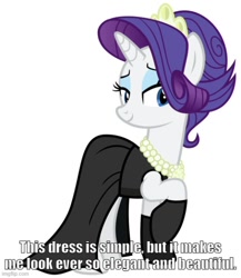 Size: 500x576 | Tagged: safe, artist:cheezedoodle96, rarity, pony, unicorn, g4, the gift of the maud pie, audrey hepburn, breakfast at tiffany's, caption, clothes, dress, female, holly golightly, horn, image macro, imgflip, jewelry, mare, necklace, text