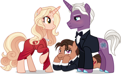 Size: 1920x1180 | Tagged: safe, artist:limedazzle, oc, oc:lena, oc:michael, oc:stuart, pegasus, pony, unicorn, clothes, dress, female, horn, mare, simple background, transparent background, tuxedo