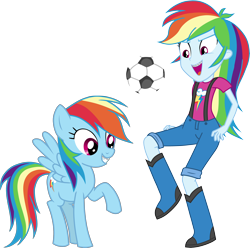 Size: 4580x4550 | Tagged: safe, artist:octosquish7260, rainbow dash, human, pegasus, pony, equestria girls, g4, alternate clothes, boots, braces, clothes, denim, female, football, human ponidox, jeans, pants, self paradox, self ponidox, shirt, shoes, show accurate, simple background, sports, suspenders, t-shirt, teenager, transparent background, wings, younger
