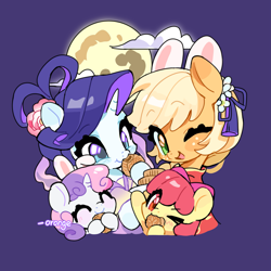 Size: 3521x3521 | Tagged: safe, artist:chengzi82020, apple bloom, applejack, rarity, sweetie belle, earth pony, pony, unicorn, alternate hairstyle, apple sisters, blushing, bunny ears, cheongsam, clothes, cookie, dress, eating, female, filly, foal, food, hanfu, horn, mare, mid-autumn festival, moon, mooncake, one eye closed, open mouth, purple background, raised hoof, robe, siblings, simple background, sisters, wink