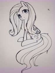 Size: 2177x2899 | Tagged: safe, artist:37240622, fluttershy, pegasus, pony, g4, female, folded wings, mare, sitting, sketch, smiling, solo, wings