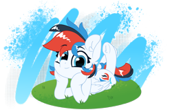 Size: 2700x1750 | Tagged: safe, artist:fakkajohan, oc, oc only, oc:retro city, pegasus, pony, cute, female, grass, looking at you, lying down, simple background, smiling, solo