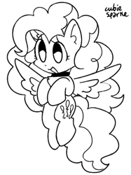 Size: 500x670 | Tagged: safe, artist:cutiesparke, pinkie pie, pegasus, pony, g4, chest fluff, choker, ear fluff, female, flying, happy, monochrome, open mouth, pegasus pinkie pie, race swap, raised hoof, raised hooves, signature, simple background, solo, spread wings, white background, wings