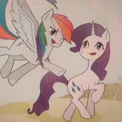 Size: 1996x1996 | Tagged: safe, artist:37240622, rarity, pegasus, pony, duo, duo female, female, flying, grass, mare, one eye closed, smiling, wink