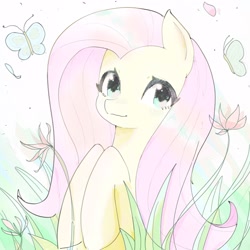 Size: 3000x3000 | Tagged: safe, artist:37240622, fluttershy, butterfly, pegasus, pony, g4, cute, female, flower, grass, mare, pink mane, shyabetes, smiling, solo, yellow coat