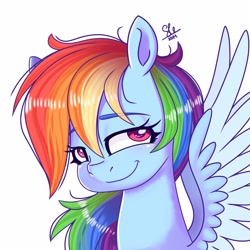 Size: 1024x1024 | Tagged: safe, artist:galaxy swirl, rainbow dash, pegasus, pony, g4, bust, eyebrows, eyebrows visible through hair, lidded eyes, simple background, smug, smugdash, solo, spread wings, white background, wings