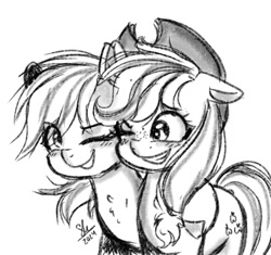 Size: 1121x1055 | Tagged: safe, artist:galaxy swirl, applejack, rainbow dash, earth pony, pegasus, pony, g4, applejack's hat, cowboy hat, duo, duo female, female, floppy ears, hat, lesbian, looking at each other, looking at someone, ship:appledash, shipping, simple background, white background