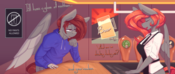 Size: 7000x3000 | Tagged: safe, artist:chapaevv, oc, oc:arucordu, oc:noelle, anthro, comic:stay after closing, bar, clothes, commission, duo, eyes closed, female, male, red hair, text