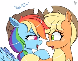 Size: 2048x1602 | Tagged: safe, artist:galaxy swirl, applejack, rainbow dash, earth pony, pegasus, pony, g4, applejack's hat, cowboy hat, dialogue, duo, duo female, eyebrows, eyebrows visible through hair, female, hat, lesbian, looking at each other, looking at someone, ship:appledash, shipping, simple background, white background