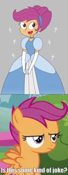 Size: 500x1279 | Tagged: safe, artist:rarity525, scootaloo, g4, caption, cinderella, clothes, dress, gown, image macro, imgflip, reaction to own portrayal, scootaloo is not amused, text, unamused