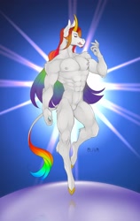 Size: 2200x3480 | Tagged: safe, artist:eqamrd, oc, oc only, oc:kadaus, classical unicorn, unicorn, anthro, abs, anthro oc, beard, bipedal, cloven hooves, curved horn, facial hair, featureless crotch, high res, horn, leonine tail, licking, long tail, looking at you, male, multicolored hair, muscles, muscular male, nipples, nudity, pecs, rainbow hair, smiling, smiling at you, solo, standing, tail, tongue out, unicorn oc, unshorn fetlocks