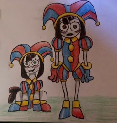 Size: 2892x3024 | Tagged: safe, artist:michael typhoon, doll pony, earth pony, humanoid, original species, pony, animate object, blushing, clothes, clown, colored, colored pencil drawing, doll, duo, duo female, female, gloves, hat, ink, inked, jester, jester hat, jester outfit, light skin, living doll, mare, multicolored iris, pomni, ponified, ponmi, self paradox, self ponidox, shading, shoes, simple background, sitting, smiling, standing, the amazing digital circus, toy, traditional art, white background