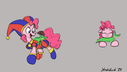 Size: 1755x1006 | Tagged: safe, artist:strebiskunk, gummy, pinkie pie, alligator, earth pony, pony, g4, spoiler:the amazing digital circus, candy carrier chaos!, clothes, cosplay, costume, cowboy hat, duo, duo male and female, female, gray background, gummigoo, gummy riding pinkie pie, hat, jester, jester hat, jester outfit, jester pie, male, mare, namesake, open mouth, open smile, pomni, pun, signature, simple background, smiling, spoilers for another series, the amazing digital circus, visual pun