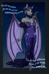 Size: 2434x3684 | Tagged: safe, artist:blackblood-queen, oc, oc only, oc:salem sonata, bat pony, anthro, unguligrade anthro, anthro oc, bat pony oc, bat wings, breasts, busty oc, choker, cleavage, clothes, commission, dialogue, digital art, dress, eyeshadow, female, jewelry, lipstick, looking at you, lyrics, makeup, mare, microphone, nightwish, singing, solo, text, wings