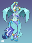 Size: 2964x3972 | Tagged: safe, artist:jamoart, princess ember, dragon, anthro, g4, anklet, belly button, belly dancer, belly dancer outfit, belly piercing, bracelet, breasts, dragoness, female, gradient background, horn, horn jewelry, jewelry, lizard breasts, piercing, solo, thighs, thunder thighs, wings