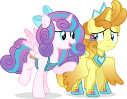Size: 1920x1502 | Tagged: safe, artist:cirillaq, princess flurry heart, pumpkin cake, alicorn, pony, alicornified, apron, clothes, cutie mark swap, duo, female, hoof shoes, jewelry, looking at each other, looking at someone, mare, older, peytral, princess shoes, pumpkincorn, race swap, regalia, simple background, transparent background, wings, wings down