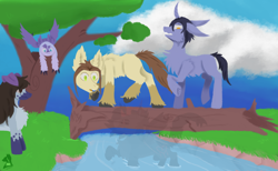 Size: 2600x1600 | Tagged: safe, artist:spectrum205, oc, oc only, oc:celes, oc:locke cole, oc:nyada, demon, demon pony, earth pony, harpy, monster pony, original species, pegasus, foal