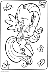 Size: 1280x1892 | Tagged: safe, angel bunny, fluttershy, butterfly, pegasus, pony, rabbit, g4, official, angelbetes, animal, black and white, coloring book, coloring page, cute, duo, duo male and female, female, flying, grayscale, looking at each other, looking at someone, male, mare, monochrome, one eye closed, shyabetes, simple background, smiling, smiling at each other, spread wings, stock vector, white background, wings