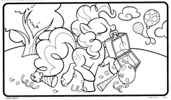 Size: 1892x1115 | Tagged: safe, pinkie pie, earth pony, pony, official, balloon, black and white, coloring book, coloring page, confetti, eyes closed, female, grayscale, hat, mare, monochrome, mouth hold, outdoors, party hat, solo, streamers, tree, walking