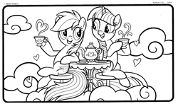Size: 1903x1117 | Tagged: safe, rainbow dash, twilight sparkle, alicorn, pegasus, pony, official, cloud, coloring book, coloring page, cup, duo, duo female, female, folded wings, grin, heart, hoof hold, leaning back, looking at each other, looking at someone, mare, open mouth, open smile, plate, sitting, smiling, steam, stool, table, tablecloth, tea party, teacup, teapot, wings