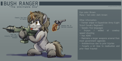 Size: 4268x2139 | Tagged: safe, artist:buckwe, oc, oc only, oc:bush ranger, pony, unicorn, yakutian horse, :p, broken horn, burn marks, chest fluff, claw mar, cute, derp, ear fluff, fluffy, gun, handgun, horn, magic, magic aura, male, mercy, mlem, mortar, overwatch, piat, reference sheet, revolver, rocket launcher, scar, silly, simple background, smiling, solo, stallion, standing, standing on two hooves, telekinesis, tongue out, weapon, webley