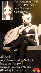 Size: 2160x3840 | Tagged: safe, artist:marianokun, oc, unicorn, anthro, 3d, advertisement, bereal., blender, clothes, commission, concert, horn, looking at you, meme, microphone, open mouth, screaming fan meme, singing, sitting, wings, ych example, your character here