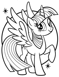 Size: 1673x2166 | Tagged: safe, twilight sparkle, alicorn, pony, g4, official, black and white, circle background, coloring book, coloring page, female, grayscale, looking at you, mare, monochrome, raised hoof, smiling, smiling at you, solo, sparkles, spread wings, twilight sparkle (alicorn), wings
