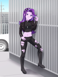 Size: 900x1200 | Tagged: safe, artist:riouku, starlight glimmer, human, equestria girls, g4, 2d, ankle boots, bedroom eyes, belly button, breasts, building, city, clothes, day, eyeshadow, female, fingernails, hand on hip, jacket, leather, leather jacket, long sleeves, looking at you, makeup, midriff, nail polish, nails, outdoors, pants, reasonably sized breasts, short shirt, sidewalk, solo, spiked headband, vehicle
