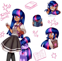 Size: 1798x1748 | Tagged: safe, artist:andromedasparkz, twilight sparkle, alicorn, human, pony, backpack, book, bowtie, clothes, female, gritted teeth, humanized, mare, open mouth, reading, shirt, simple background, skirt, socks, solo, stockings, teeth, thigh highs, twilight sparkle (alicorn), vest, white background