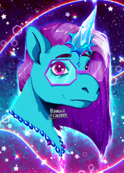 Size: 1729x2410 | Tagged: safe, artist:polkadotcreeper, comet (g5), auroricorn, pony, g5, 2024, bust, glasses, horn, jewelry, male, necklace, portrait, signature, smiling, solo, stallion
