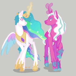 Size: 720x720 | Tagged: safe, artist:bekahlf, opaline arcana, princess celestia, alicorn, pony, g4, g5, 2023, animated, bracer, colored wings, commission, curved horn, duo, duo female, female, folded wings, generational ponidox, gif, glowing, glowing horn, gray background, hoof shoes, horn, jewelry, looking at each other, looking at someone, magic, magic aura, mare, multicolored wings, one wing out, peytral, princess shoes, raised hoof, regalia, signature, simple background, slender, smiling, smirk, tail, tall, thin, tiara, wings