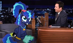 Size: 2048x1213 | Tagged: safe, alternate version, edit, alicorn, human, pony, 80s princess luna, duo, duo male and female, female, irl, irl human, jimmy fallon, male, mare, photo, ponytail, scrunchie, sitting, talk show