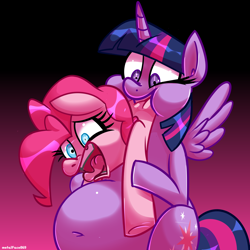 Size: 4000x4000 | Tagged: safe, artist:metalface069, pinkie pie, twilight sparkle, alicorn, earth pony, pony, g4, belly, belly blush, big belly, bipedal, commission, duo, duo female, fat, female, gradient background, pinkie prey, twilight sparkle (alicorn), twipred, vore