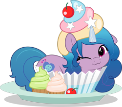 Size: 5691x5000 | Tagged: safe, artist:jhayarr23, izzy moonbow, pony, unicorn, g5, :3, cherry, commission, commissioner:raritybro, cupcake, cute, female, food, horn, if i fits i sits, izzybetes, looking at you, mare, one eye closed, simple background, smiling, solo, tiny, tiny ponies, transparent background, wink, ych result