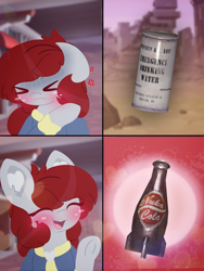 Size: 4096x5461 | Tagged: safe, artist:sodapop sprays, oc, oc only, oc:skyfire lumia, pegasus, pony, fallout equestria, blushing, chest fluff, clothes, disappointed, ear fluff, fallout, happy, hotline bling, jumpsuit, meme, nuka cola, solo, vault suit, wasteland, water