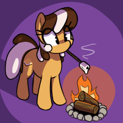Size: 560x560 | Tagged: safe, artist:thebatfang, oc, oc only, oc:s'mare, earth pony, food pony, original species, pony, animated, campfire, cute, female, food, mare, marshmallow, mouth hold, ocbetes, ponified, purple background, simple background, solo