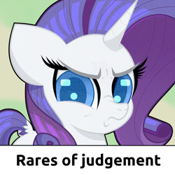 Size: 1500x1500 | Tagged: safe, artist:scandianon, rarity, pony, unicorn, annoyed, female, floppy ears, frown, furrowed brow, horn, judgement, looking at you, mare, meme, scrunchy face