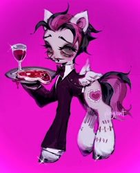 Size: 1660x2048 | Tagged: safe, artist:p0nyplanet, oc, oc only, oc:oopsie doodle, pegasus, pony, alcohol, blood, facial hair, food, glass, meat, moustache, pink background, simple background, solo, stitches, waiter, wine, wine glass