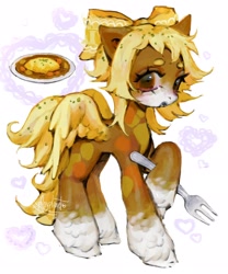 Size: 1702x2048 | Tagged: safe, artist:p0nyplanet, oc, oc only, pegasus, pony, abstract background, bow, curry, feathered fetlocks, female, food, fork, hair bow, mare, omurice, solo, unshorn fetlocks