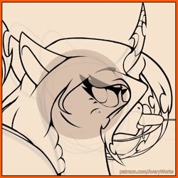 Size: 2000x2000 | Tagged: safe, artist:avery-valentine, queen chrysalis, changeling, changeling queen, g4, drool, female, horn, mare, monochrome, patreon, patreon reward, solo, suggestive eating, tongue out