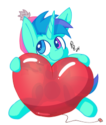 Size: 1571x1842 | Tagged: safe, artist:ponballoon, oc, oc only, oc:sleepy whistles, pony, unicorn, balloon, cute, happy, heart, heart balloon, horn, hug, looking at you, male, shiny, simple background, solo, squeezing, transparent background