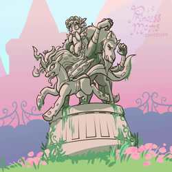 Size: 2166x2166 | Tagged: safe, artist:overlordneon, cozy glow, lord tirek, queen chrysalis, centaur, changeling, changeling queen, pegasus, pony, taur, female, filly, flower, foal, high res, legion of doom statue, moss, mother's day, petrification, trio