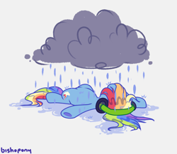 Size: 2300x2000 | Tagged: safe, artist:bishopony, part of a set, rainbow dash, pegasus, pony, g4, arms spread out, blue coat, cloud, colored, depressed, female, gray background, headphones, high res, listening to music, long mane, long tail, lying down, mare, mood, multicolored hair, multicolored mane, multicolored tail, on back, rain, rainbow hair, rainbow tail, raincloud, sad, sadbow dash, signature, simple background, solo, tail, underhoof, wet, wet mane, wet tail, white background