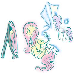 Size: 1000x1000 | Tagged: safe, artist:0liiver, fluttershy, rarity, pegasus, pony, unicorn, fanfic:silent ponyville, horn, magic, mirror, sewing, sewing needle, sketch