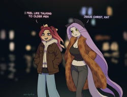 Size: 2048x1556 | Tagged: safe, artist:katputze, oc, oc:crimson sunset, oc:icy (katputze), cat, unicorn, anthro, belly button, big breasts, blush lines, blushing, breasts, city, cleavage, clothes, coat, dialogue, drunk, duo, duo female, female, furry, furry oc, hand in pocket, horn, huge breasts, jacket, mare, midriff, night, non-mlp oc