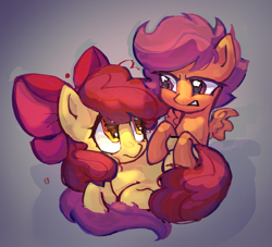 Size: 726x659 | Tagged: safe, artist:krabling, apple bloom, scootaloo, earth pony, pegasus, pony, g4, abstract background, apple bloom's bow, bangs, big ears, big eyes, bow, colored, duo, duo female, eyelashes, female, filly, foal, frown, gradient background, hair bow, long mane, long tail, looking at each other, looking at someone, lying down, mane accessory, narrowed eyes, orange coat, orange eyes, pink bow, prone, purple coat, purple mane, red mane, red tail, shadow, short mane, small wings, sparkly eyes, spread wings, tail, wingding eyes, wings, yellow coat
