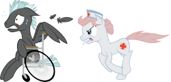 Size: 7885x3798 | Tagged: safe, artist:justablankflank, nurse redheart, thunderlane, earth pony, pegasus, pony, absurd resolution, duo, duo male and female, feather, female, gritted teeth, hat, male, mare, mouth hold, nervous, newbie artist training grounds, running, simple background, stallion, sweat, syringe, teeth, transparent background, wheelchair