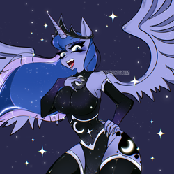 Size: 3142x3124 | Tagged: safe, artist:ottabysystem, princess luna, alicorn, anthro, breasts, busty princess luna, hand on chest, high res, open mouth, spread wings, wings