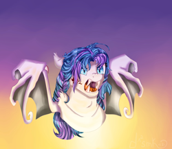 Size: 2322x2018 | Tagged: safe, artist:deadsmoke, oc, oc only, oc:agness, bat pony, blood, commission, fangs, gradient background, hissing, solo, spread wings, sunset, wings, ych result