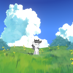 Size: 2000x2000 | Tagged: safe, artist:morningbullet, oc, oc only, earth pony, pony, cloud, eyes closed, female, field, grass, grass field, meadow, outdoors, solo